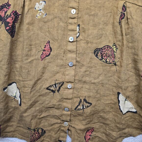 Terzo Millennio Top Linen Brown Butterfly Print Sz Small Back Buttons Lagenlook - Picture 7 of 10